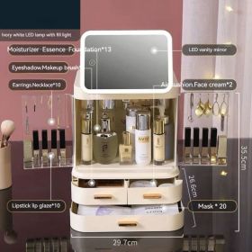 Mirror Integrated Light Desktop Large Capacity Lipstick Skin Care Products Cosmetics Storage Box (Option: Ivory White 2)