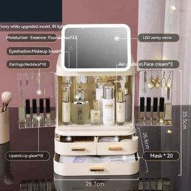 Mirror Integrated Light Desktop Large Capacity Lipstick Skin Care Products Cosmetics Storage Box (Option: Ivory White 1)