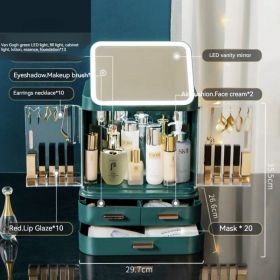 Mirror Integrated Light Desktop Large Capacity Lipstick Skin Care Products Cosmetics Storage Box (Option: Van Gogh Green 1)