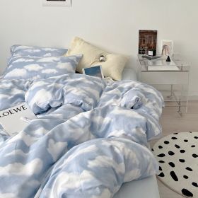 Simple Cloud Bed Sheet Quilt Cover All Cotton Washed Cotton Four-piece Set (Option: Clouds Non Dyed Blue-180CM Fitted Sheet 200X230cm)